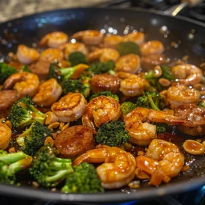 Honey Garlic Shrimp Sausage and Broccoli.