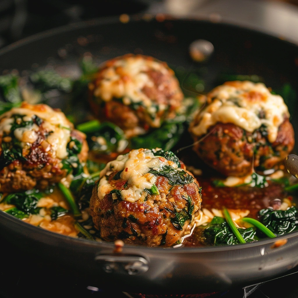 Spinach Garlic Meatballs Stuffed with Mozzarella